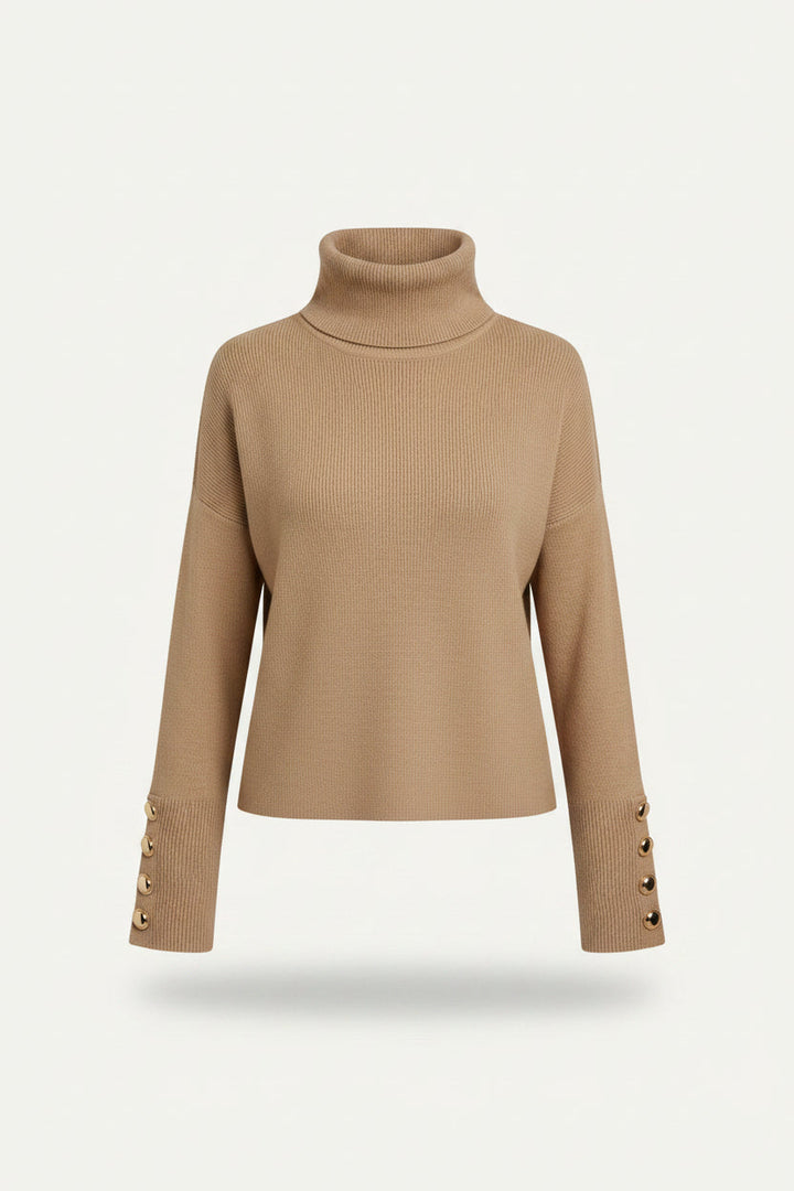 Kvinnors Ribbade Turtleneck Tröja med Knappärmar