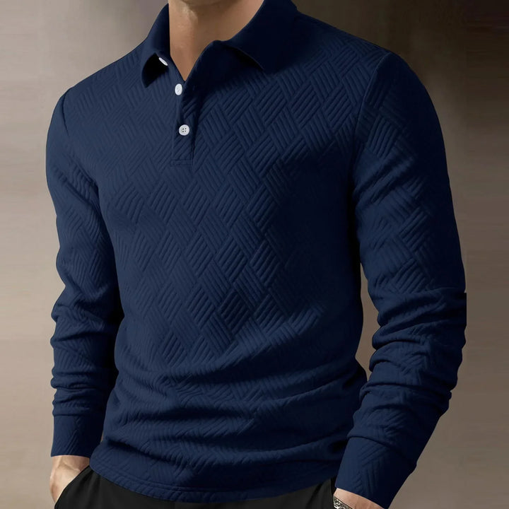 Herrars långärmad polo skjorta texturerad stickad smart avslappnad topp