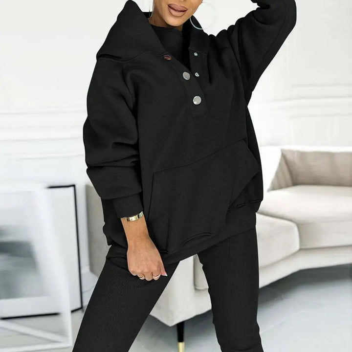 Kvinnors Hoodie med Knappkrage och Leggings Set – Avslappnad Tvådelad Casual Outfit