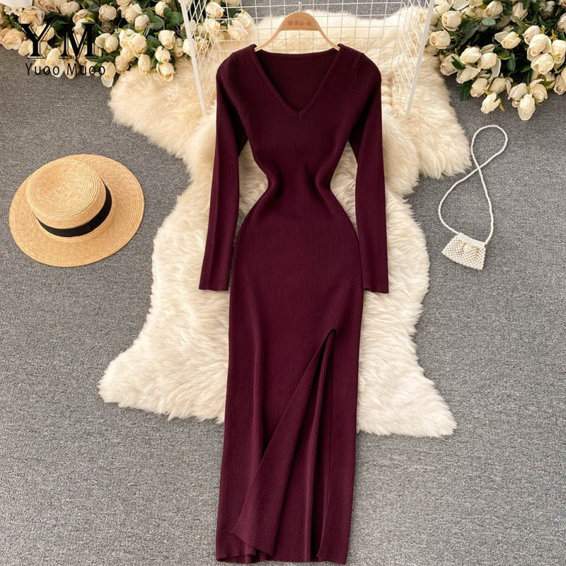 Kvinnors Ribbad Stickad Bodycon Maxi Klänning – Långärmad V-ringad Stil för Höst och Vinter