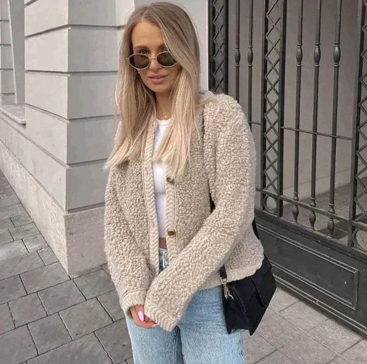 Kvinnors Teddy Cardigan Mjuk Mysig Varm Stilren Mångsidig Lagerjacka för Varje Dag