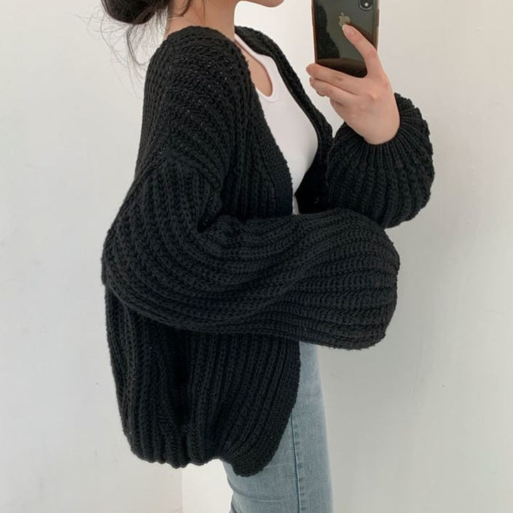 Kvinnors Chunky Stickad Cardigan Ballongärmar Avslappnad Passform Lager