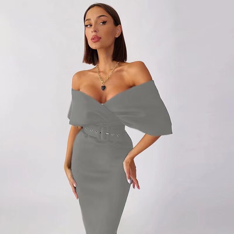 Kvinnors Bodycon Klänning Off Shoulder Strukturerad Bälte Midi Elegans