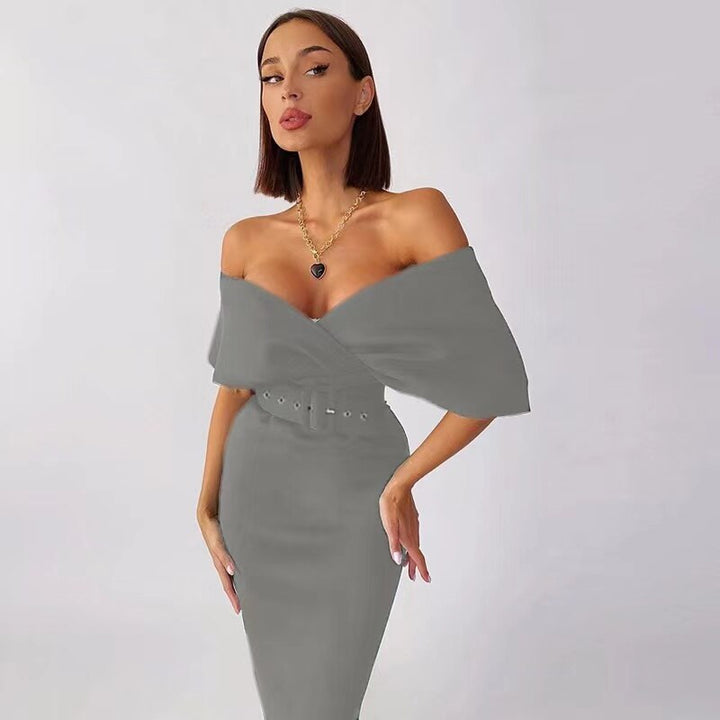 Kvinnors Bodycon Klänning Off Shoulder Strukturerad Bälte Midi Elegans