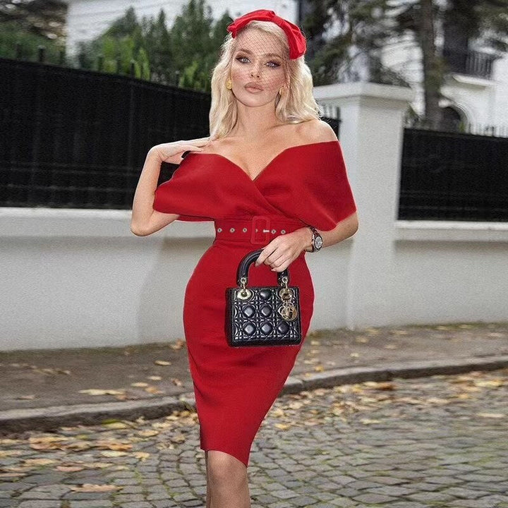 Kvinnors Bodycon Klänning Off Shoulder Strukturerad Bälte Midi Elegans