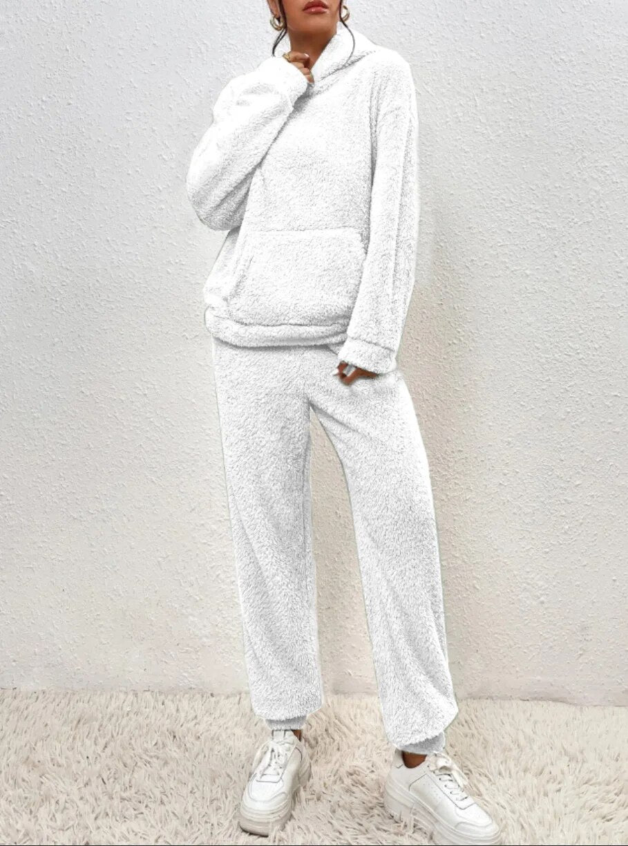 Kvinnors Teddy Lounge Set – Huva Fleece Tvådelad för Vinteravkoppling