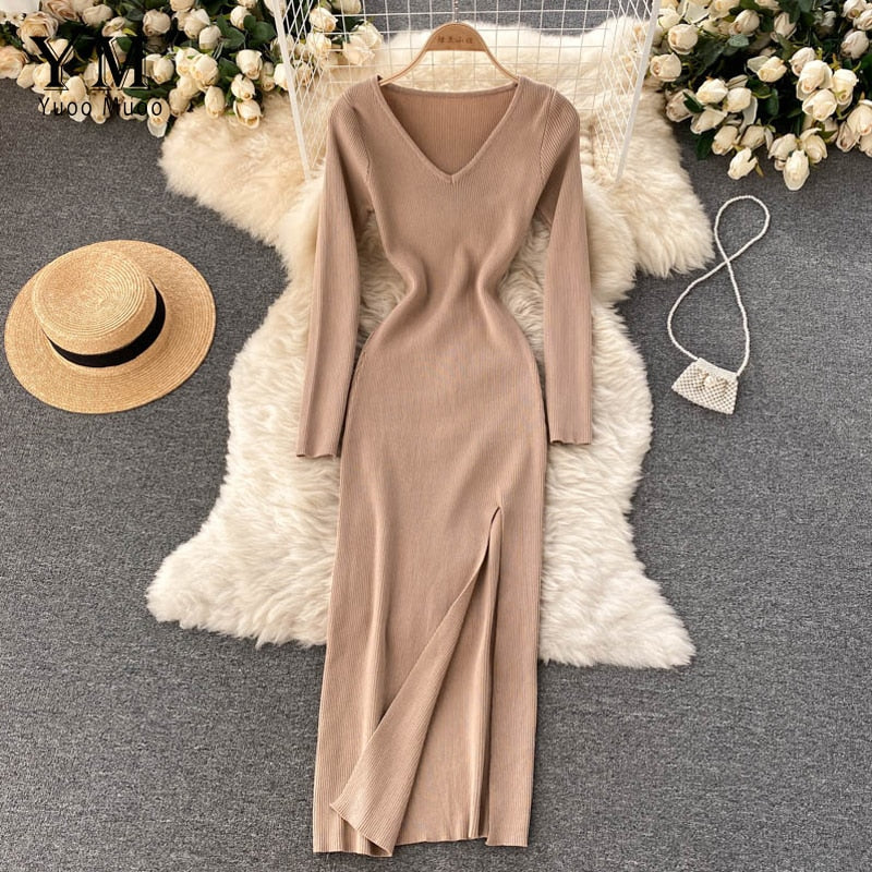 Kvinnors Ribbad Stickad Bodycon Maxi Klänning – Långärmad V-ringad Stil för Höst och Vinter