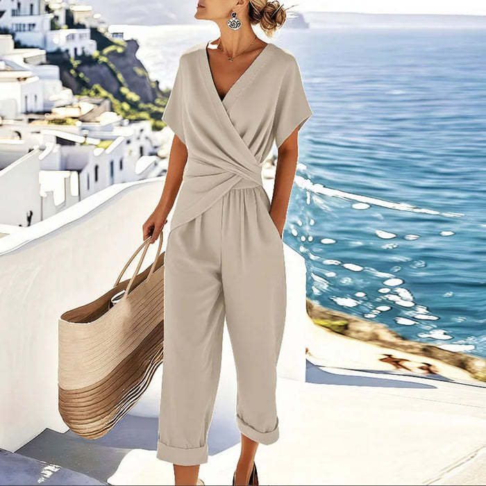 Kvinnors Wrap Waist Cropped Leg Sommar Jumpsuit