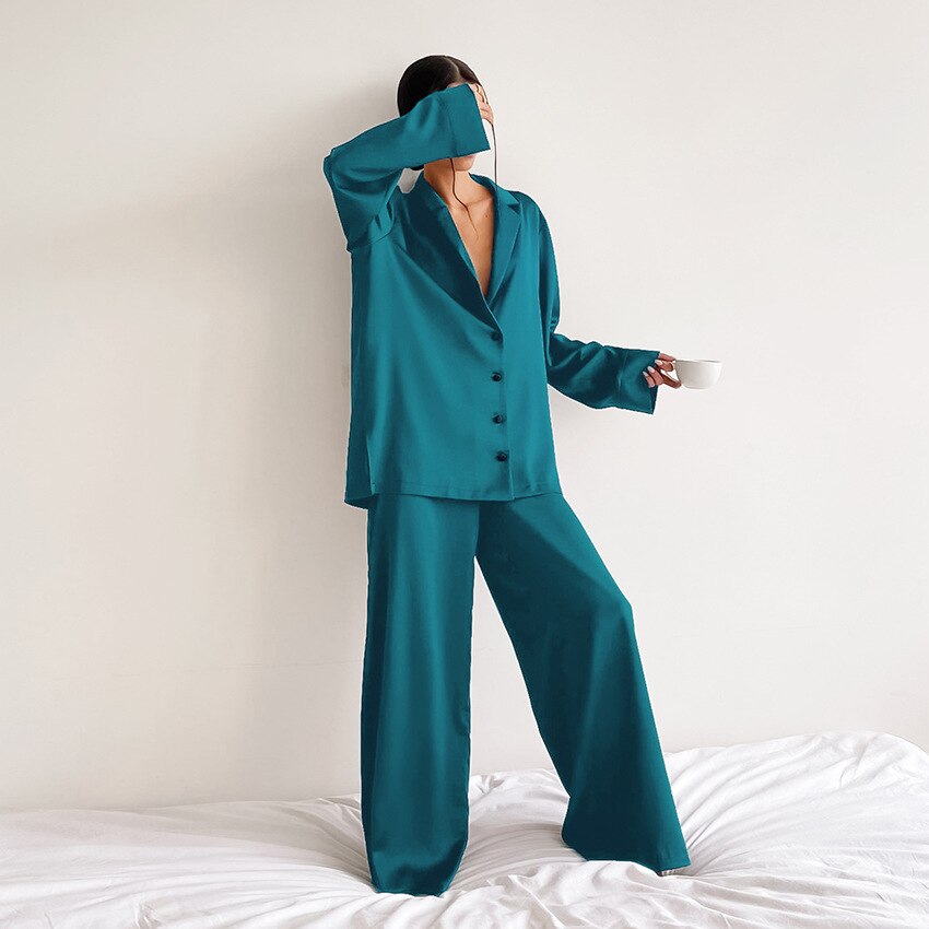 Kvinnors Knapp-up Pyjamas Set – Avslappnad Vid Byxa Sömntillbehör för Hemmet