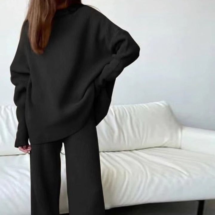 Kvinnors Oversized Stickad Topp och Vida Byxor Set – Avslappnad Tvådelad Loungewear