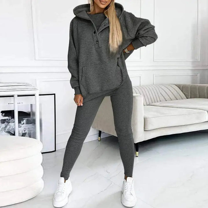 Kvinnors Hoodie med Knappkrage och Leggings Set – Avslappnad Tvådelad Casual Outfit
