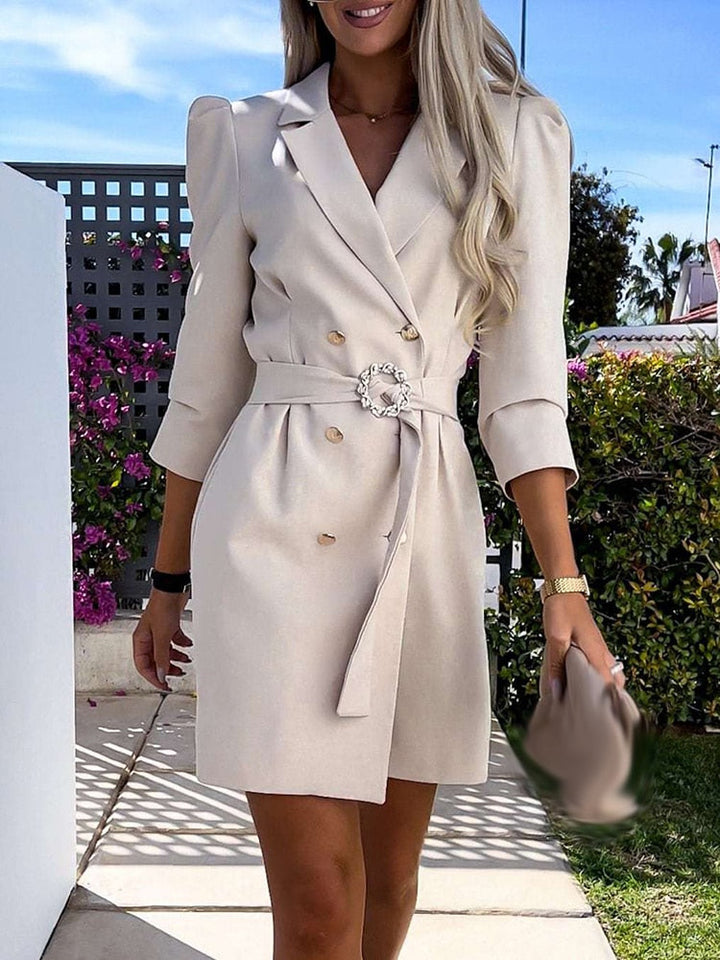 Kvinnors Blazer Klänning Dubbelknäppt Med Bälte i Midjan Skräddarsydd Mini Smart Stil