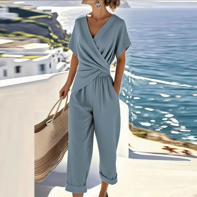 Kvinnors Wrap Front Wide Leg Sommar Jumpsuit