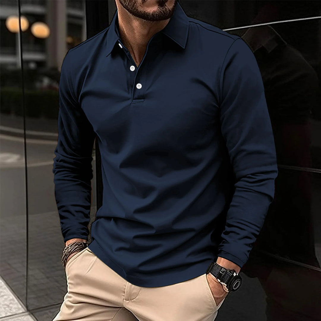 Herr Slim-Fit Långärmad Polo Tröja – Mjuk Smart Casual Topp för Kontor och Kvällsbruk