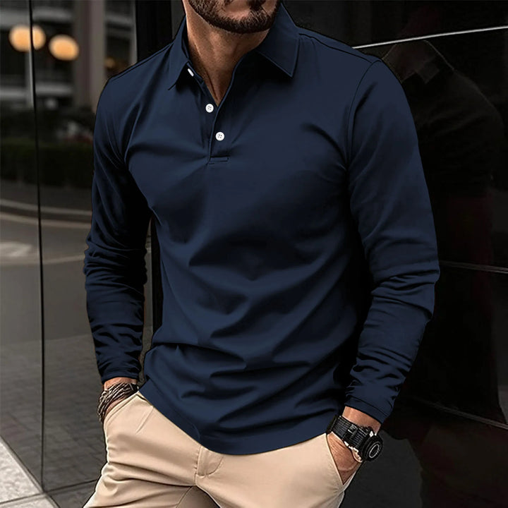 Herr Slim-Fit Långärmad Polo Tröja – Mjuk Smart Casual Topp för Kontor och Kvällsbruk