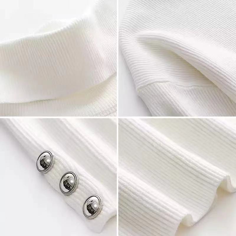 Kvinnors Ribbade Turtleneck Tröja med Knappärmar