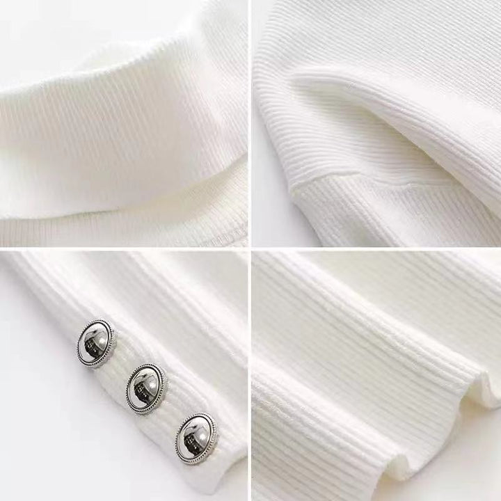 Kvinnors Ribbade Turtleneck Tröja med Knappärmar