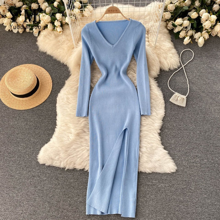 Kvinnors Ribbad Stickad Bodycon Maxi Klänning – Långärmad V-ringad Stil för Höst och Vinter