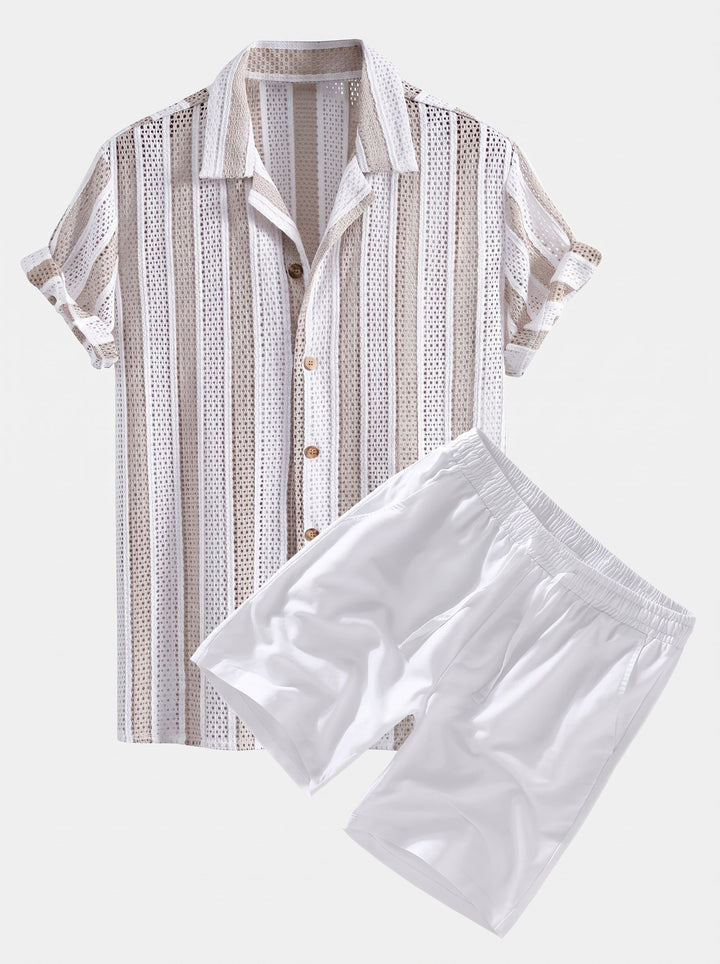 Herrarnas Mesh Cuban Skjortset – Linneblandning Dragsko Shorts för Sommarsemester