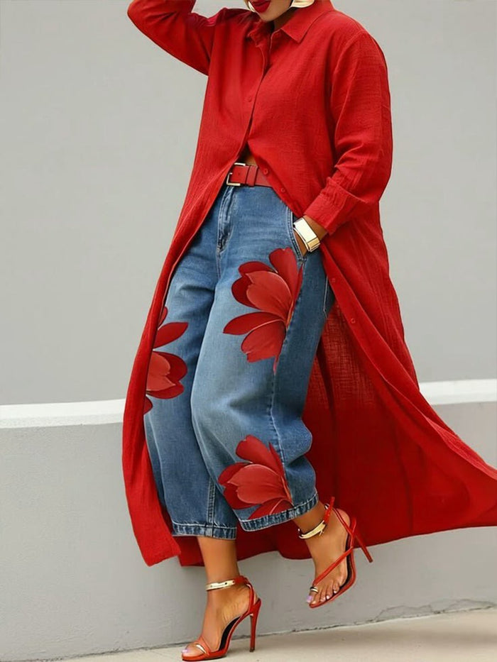 Kvinnors Longline Skjortset Med Tryckta Vida Jeans