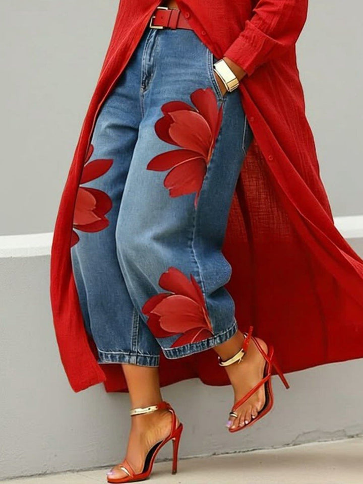 Kvinnors Longline Skjortset Med Tryckta Vida Jeans