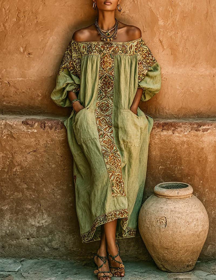 Kvinnors Off Shoulder Maxi Klänning med Tryckta Paneler