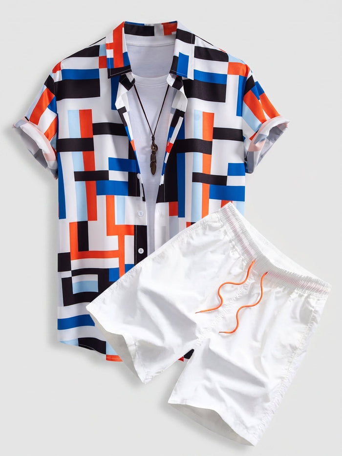 Herrtryckt Skjorta och Badshorts Co-Ord – Sommarstrandset för Semesterbruk