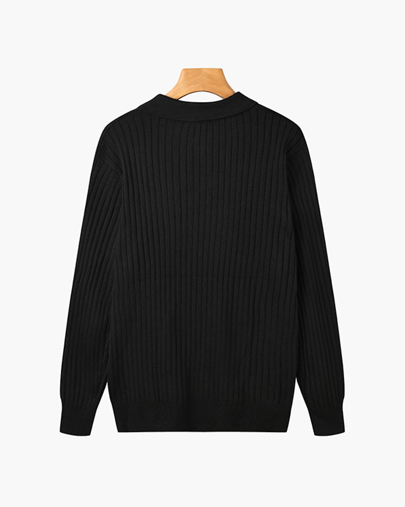 Herrens Ribbad Stickad Polo Tröja V-Hals Slim Fit