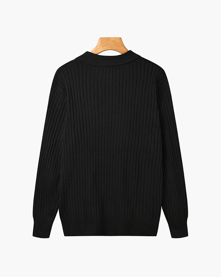 Herrens Ribbad Stickad Polo Tröja V-Hals Slim Fit