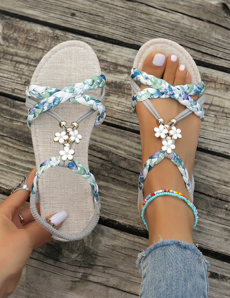 Kvinnors Flätade Platta Sandaler med Blommiga Detaljer