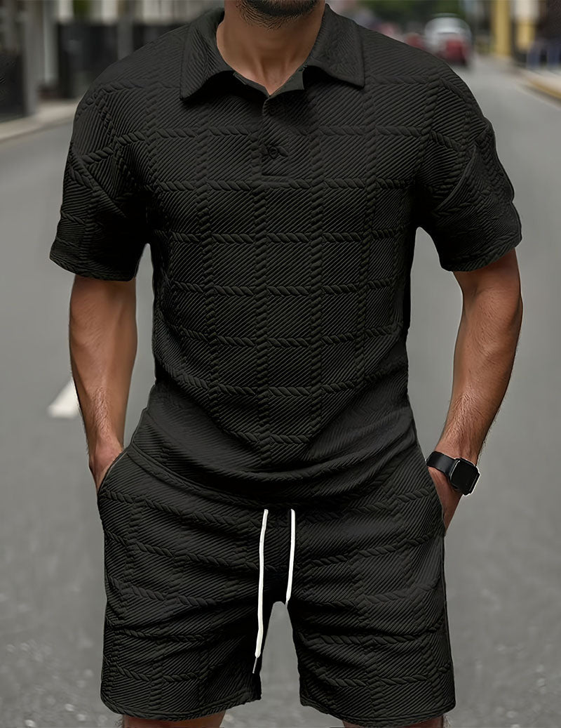 Herrars Texturerad Polotröja och Shorts Outfit Set