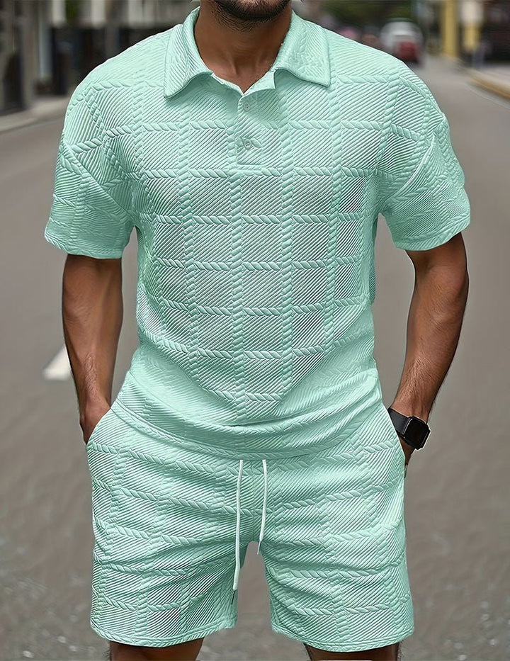 Herrars Texturerad Polotröja och Shorts Outfit Set