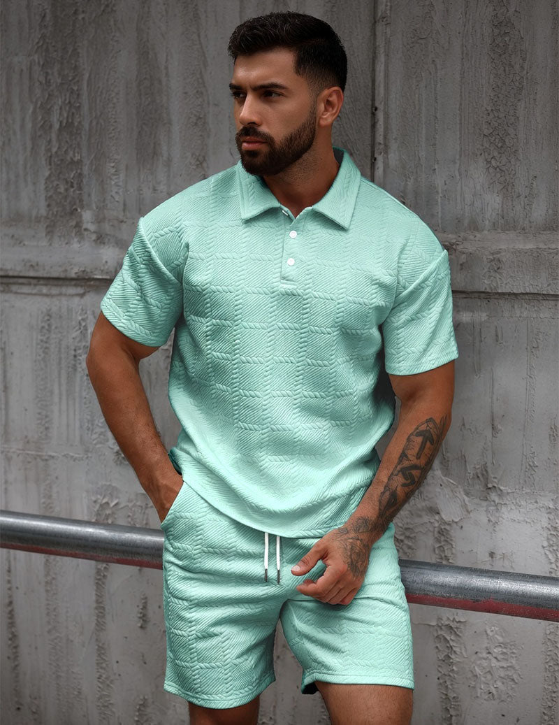 Herrars Texturerad Polotröja och Shorts Outfit Set