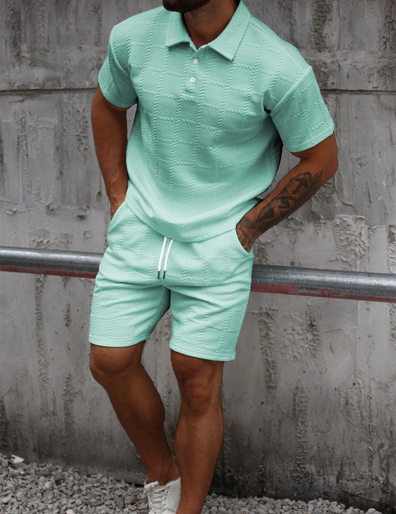 Herrars Texturerad Polotröja och Shorts Outfit Set