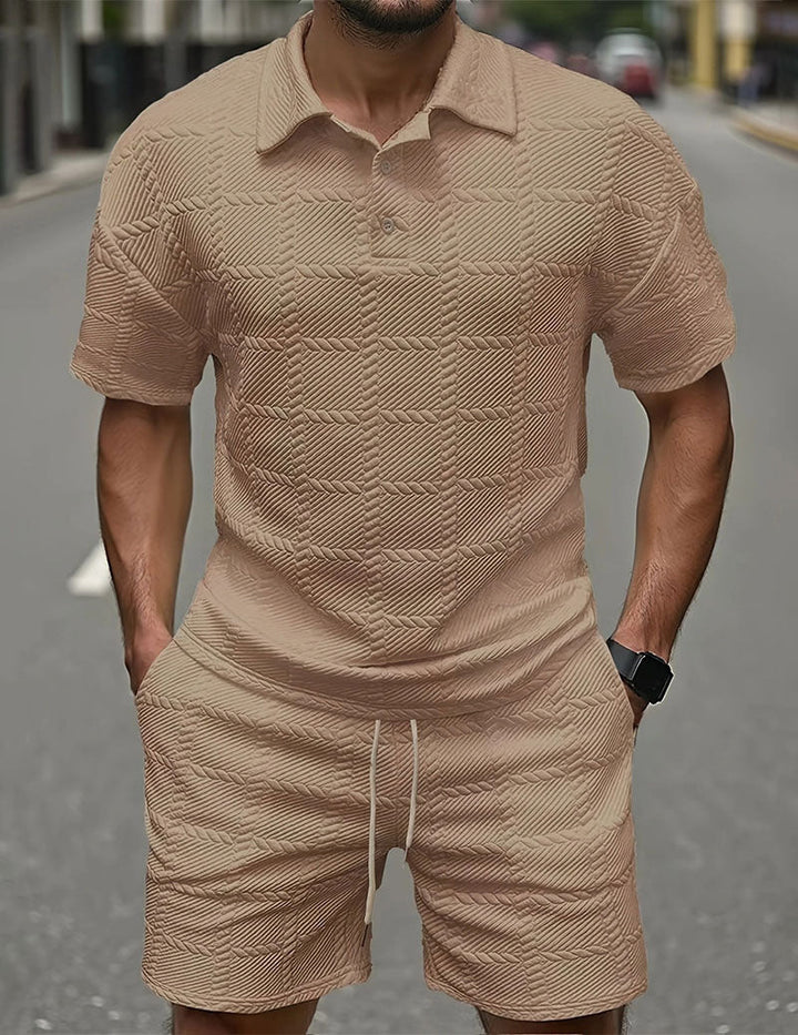 Herrars Texturerad Polotröja och Shorts Outfit Set