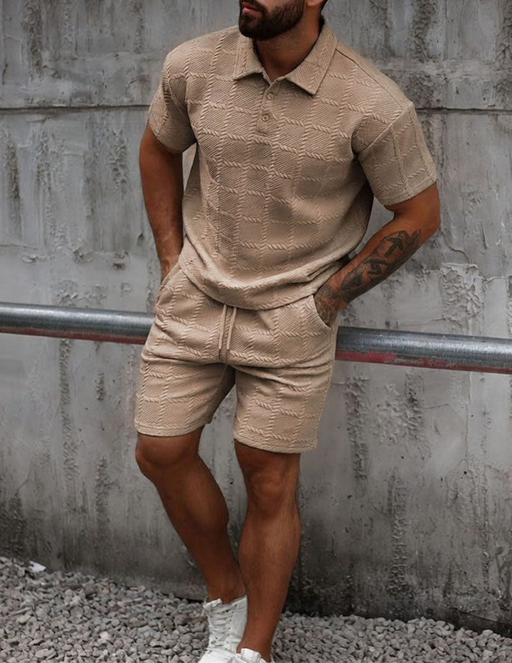 Herrars Texturerad Polotröja och Shorts Outfit Set