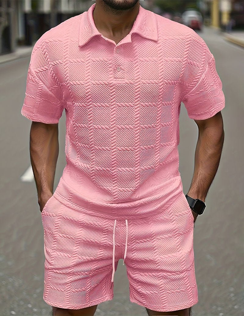 Herrars Texturerad Polotröja och Shorts Outfit Set