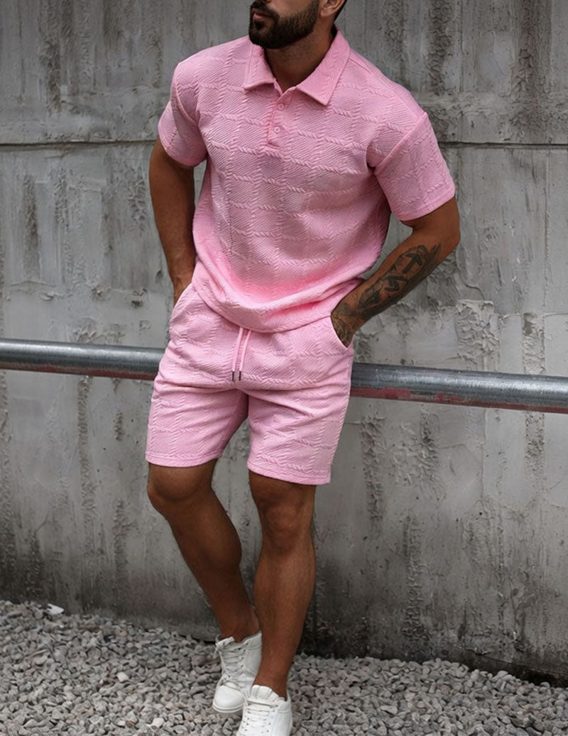 Herrars Texturerad Polotröja och Shorts Outfit Set