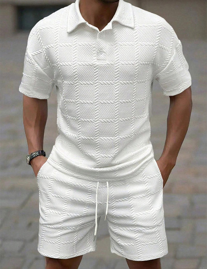 Herrars Texturerad Polotröja och Shorts Outfit Set