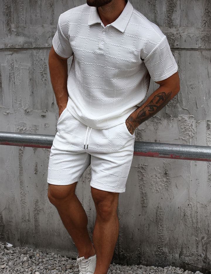 Herrars Texturerad Polotröja och Shorts Outfit Set