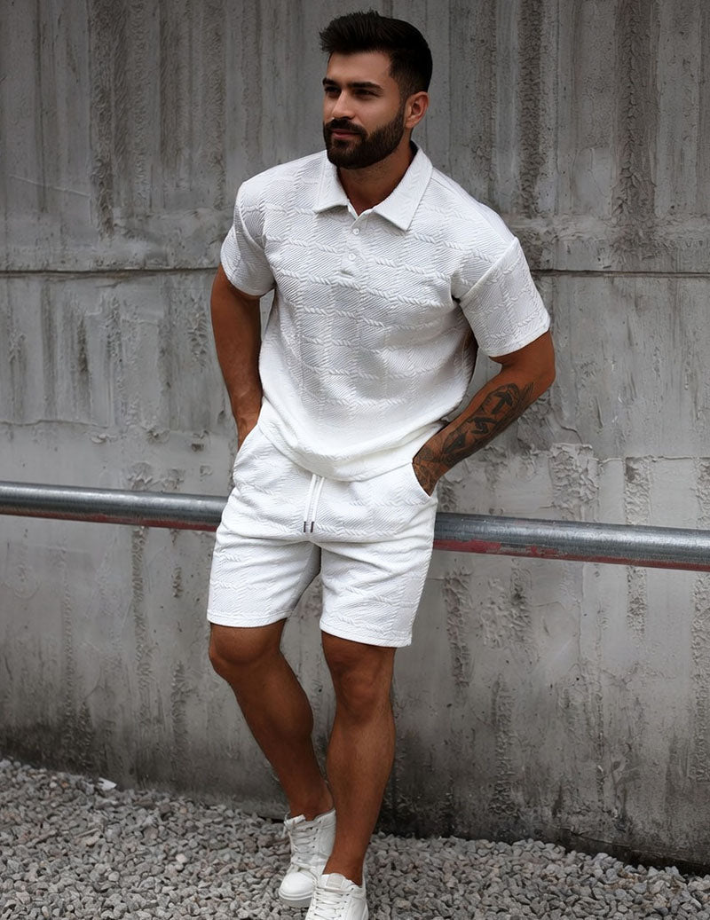 Herrars Texturerad Polotröja och Shorts Outfit Set