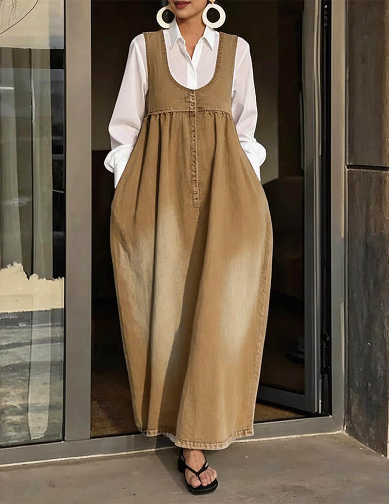 Kvinnors Knapp Front Denim Maxi Klänning med Fickor