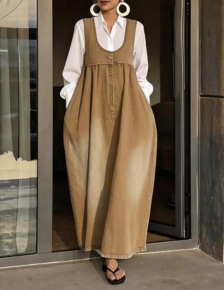 Kvinnors Knapp Front Denim Maxi Klänning med Fickor