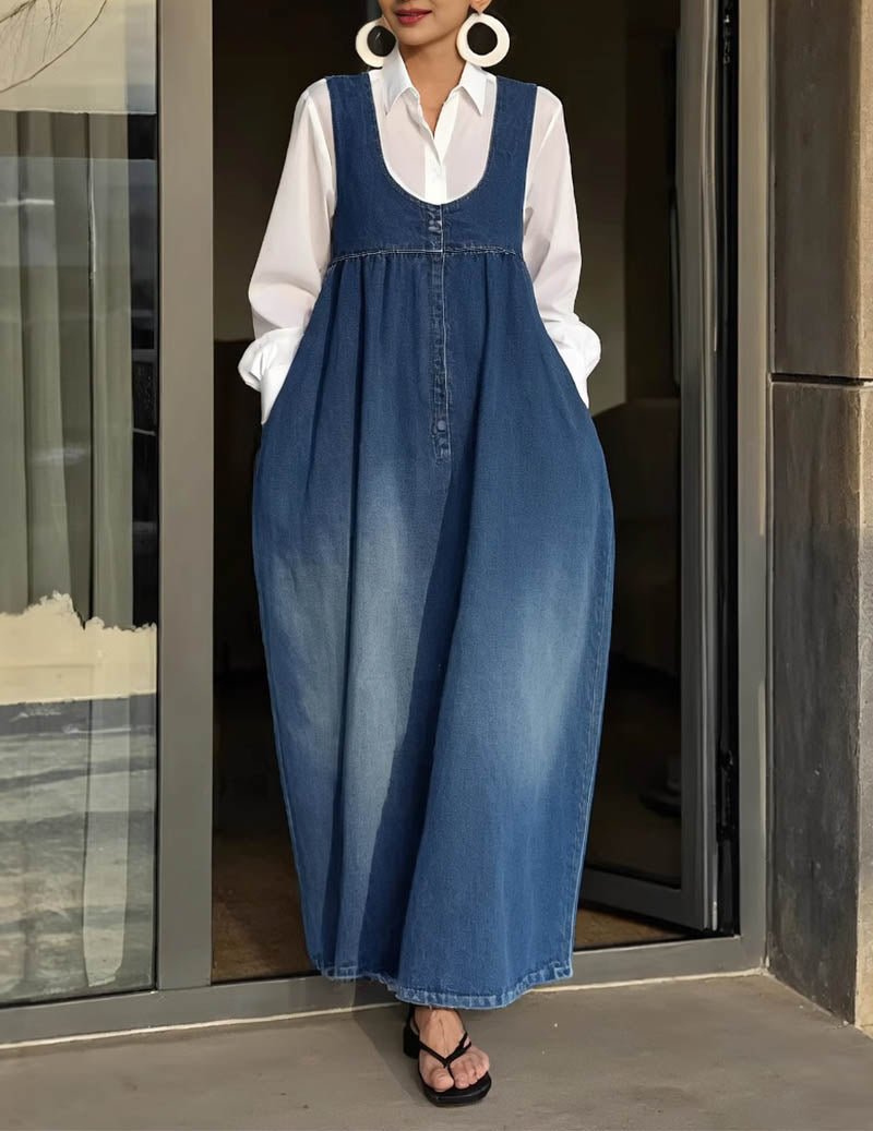 Kvinnors Knapp Front Denim Maxi Klänning med Fickor