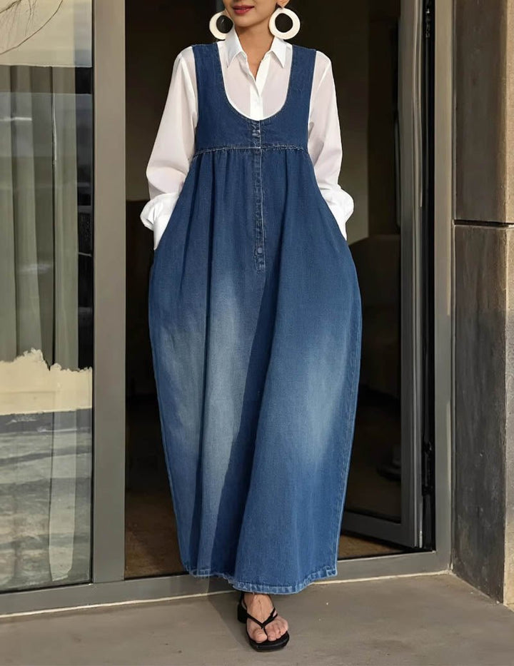 Kvinnors Knapp Front Denim Maxi Klänning med Fickor