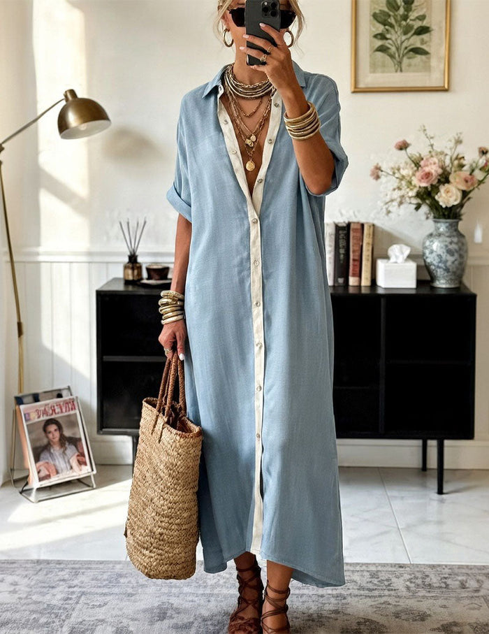 Kvinnors Oversized Maxi Skjortklänning Med Kontrastknäppning