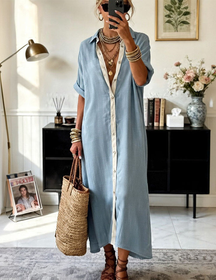 Kvinnors Oversized Maxi Skjortklänning Med Kontrastknäppning