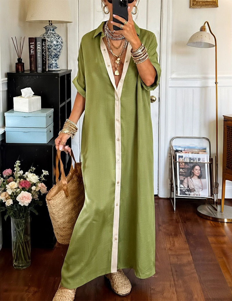 Kvinnors Oversized Maxi Skjortklänning Med Kontrastknäppning