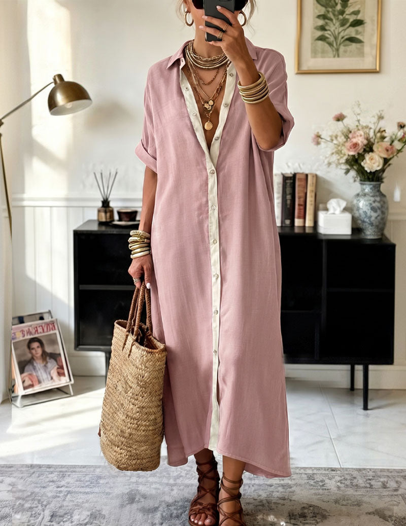 Kvinnors Oversized Maxi Skjortklänning Med Kontrastknäppning