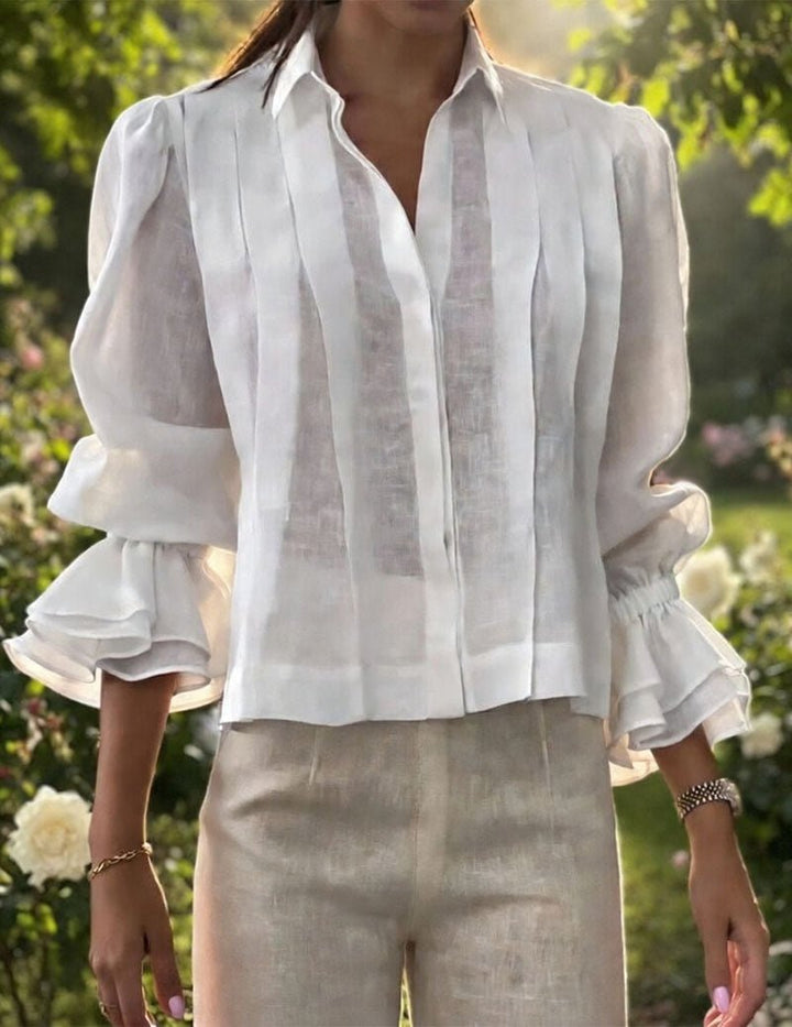 Kvinnors Plisserad Linneblus med Tierade Volanger